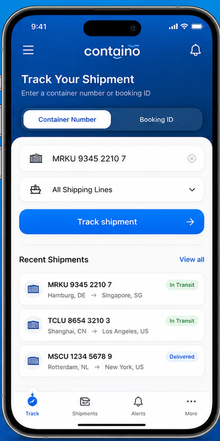 Container number search screen in Containo