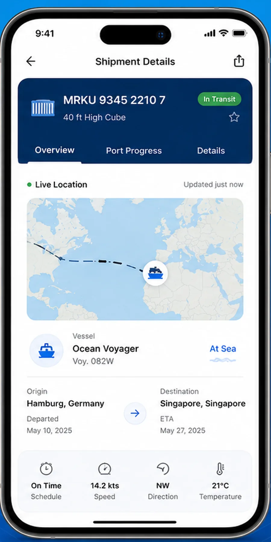 Shipment route progress screen in Containo