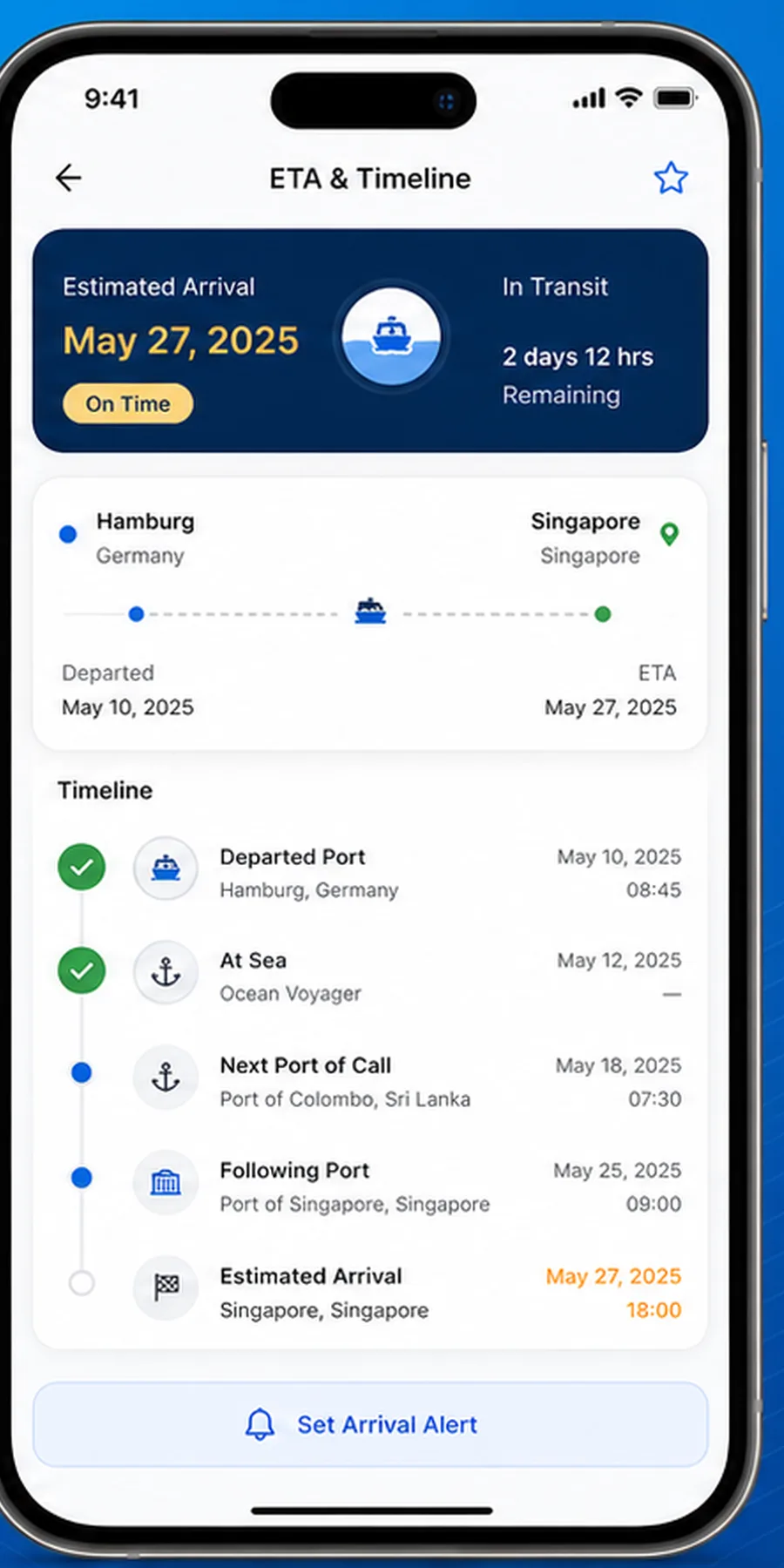Estimated arrival details in Containo